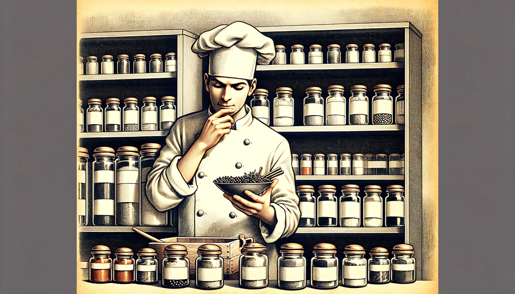 A chef contemplates the perfect ingredients with an impressive spice rack behind him looking carefully at the right ingredients to select.