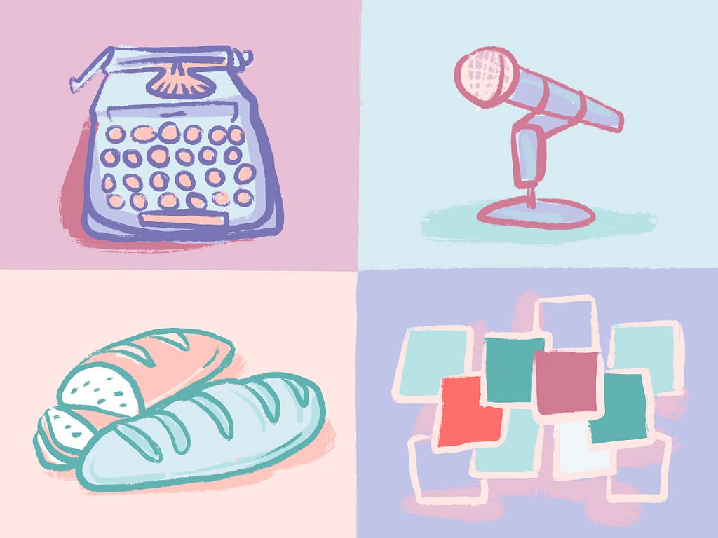 Illustration of a typewriter, microphone, freshly baked bread and sticky notes.