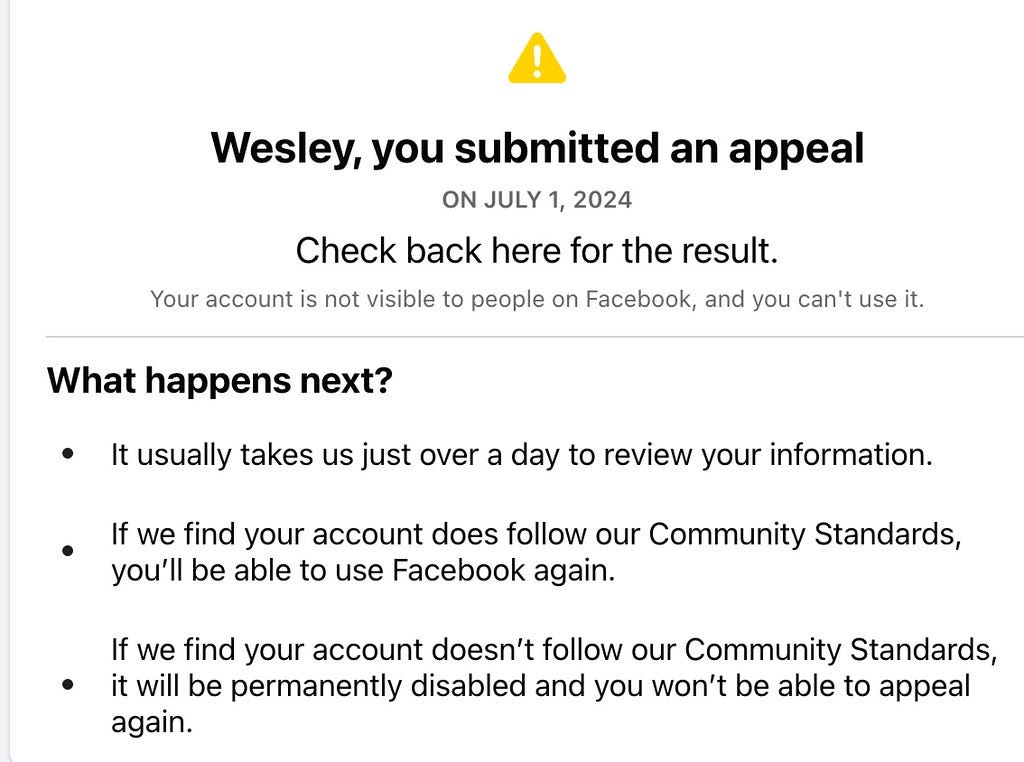 Message from Facebook about an account suspension appeal.