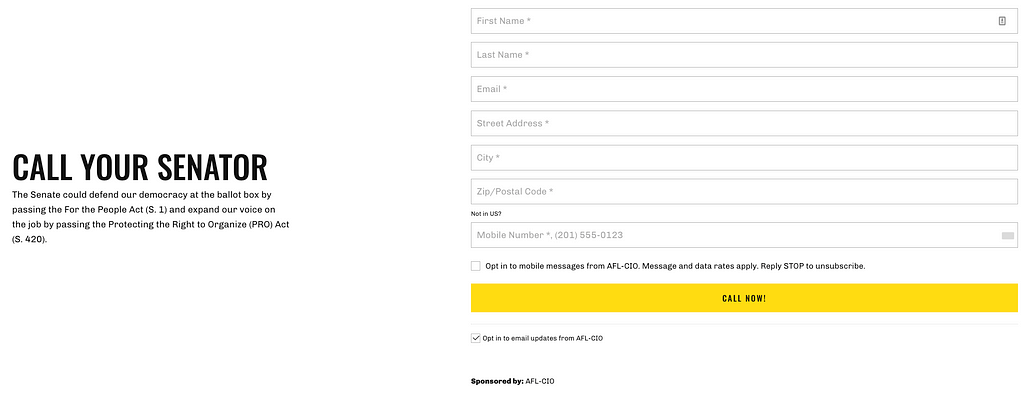 A screenshot of an Action Network form titled ‘Call Your Senator’ with fields to enter name, email, address, and mobile number.