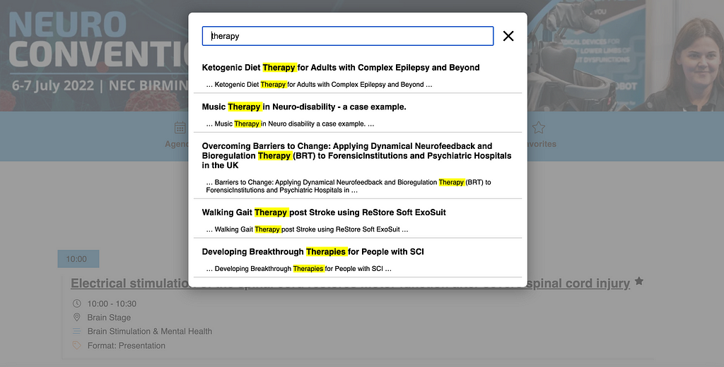 Screenshot of search function in Lineup Ninja’s Agenda App