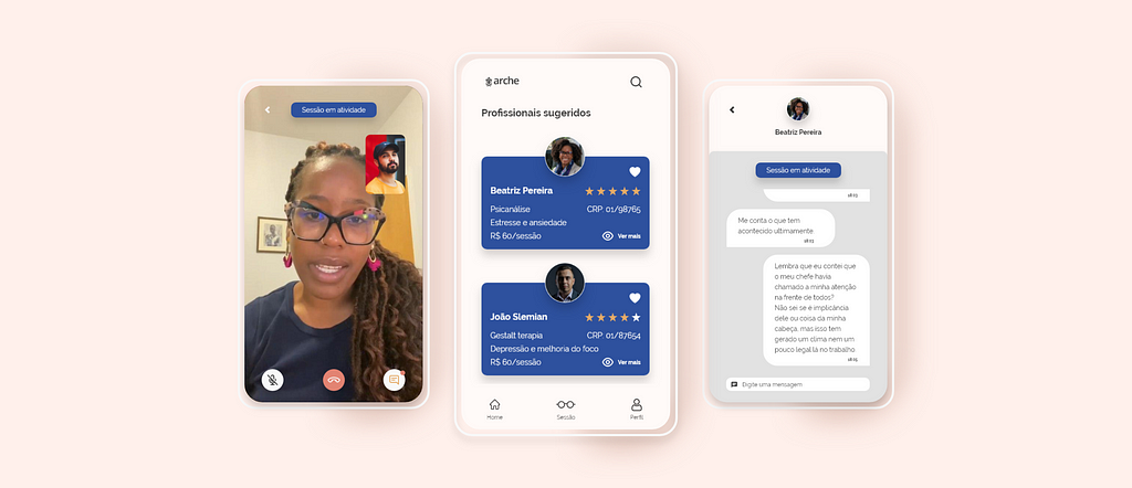 Telas da sessão em vídeo, seleção do profissional e sessão por chat.
