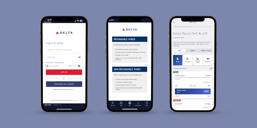 Mockups of the redesigned Fly Delta app, addressing heuristic violations identified during the evaluation process.