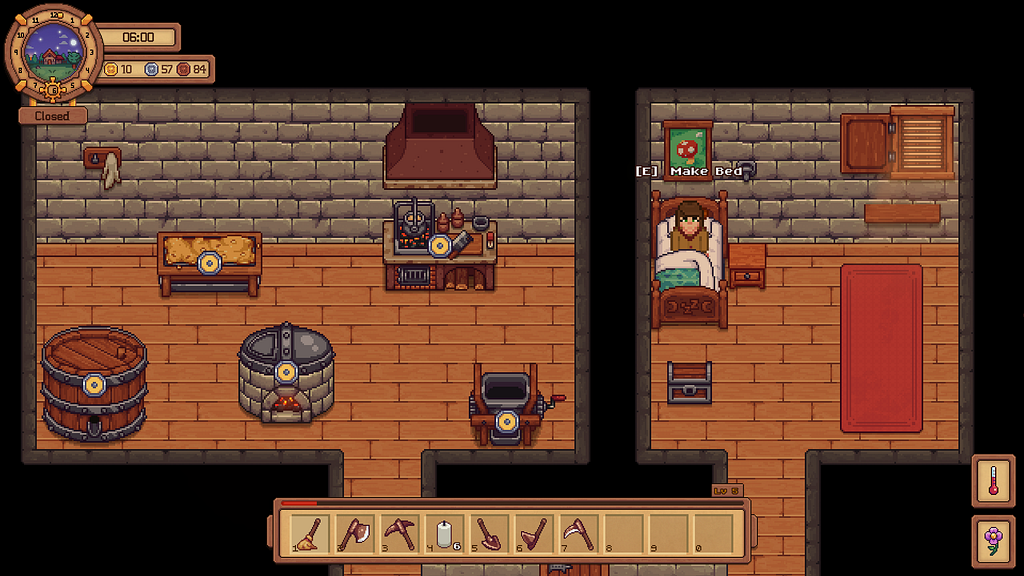 Screenshot of Traveller’s Rest. The crafting room and bedroom of the player’s tavern. The machines in the crafting room — a malting table, an oven, a fermentation tank, a brewing barrel, and a grinder — all indicate that the items being made in them are ready to be collected.
