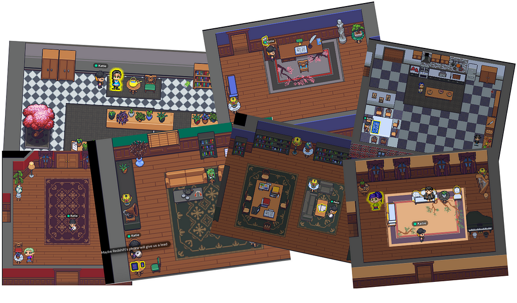 Collage of different rooms in the Mystery Mansion Gather space