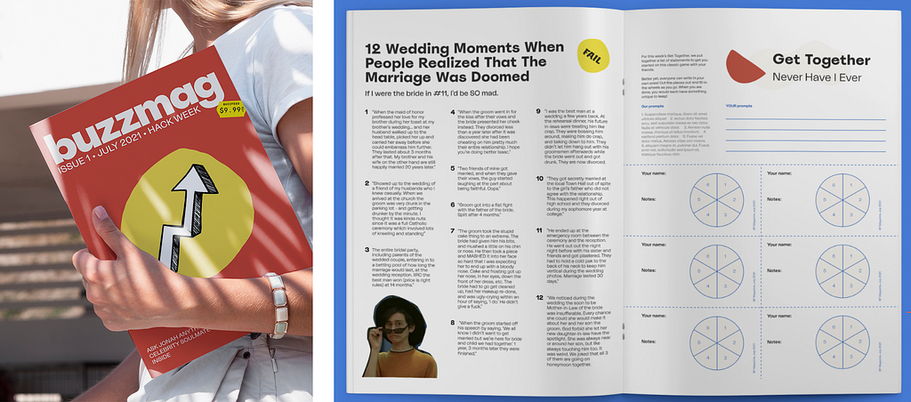 Left: a woman holding the BuzzFeed Magazine under her arm, with the cover visible. Right: BuzzFeed Magazine opened to 2 pages displaying a BuzzFeed Quiz called “12 Wedding Moments When People Realized That The Marriage Was Doomed”