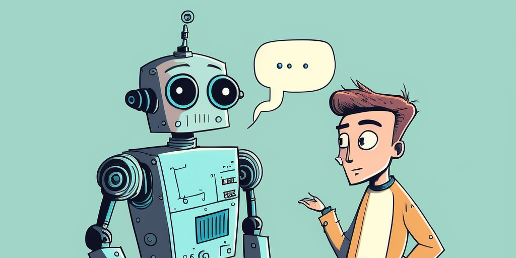 A comic character trying to have a conversation with a robot.