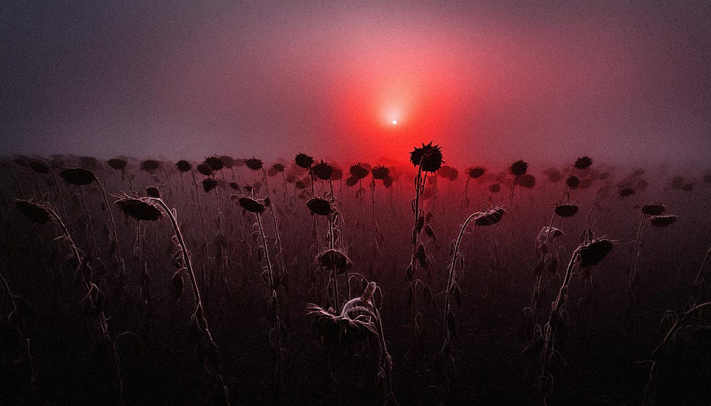 A low red sun, creepy flowers in the low light below
