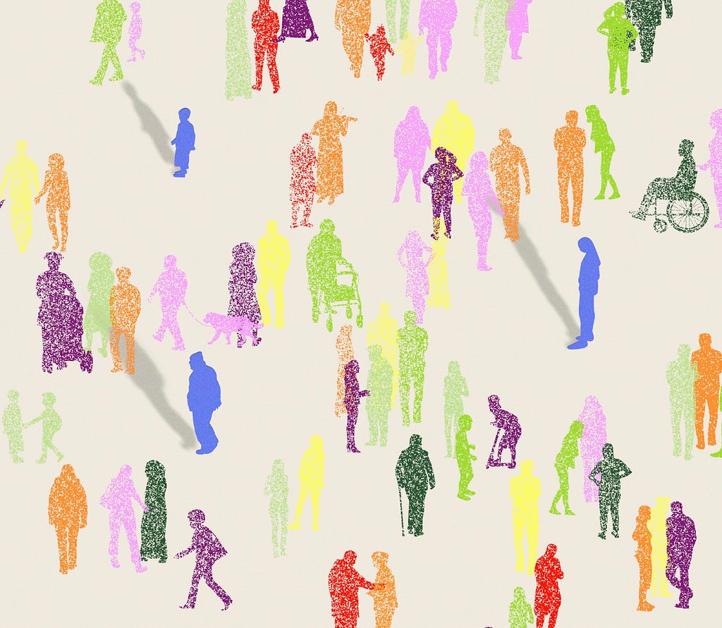 Colorful silhouettes of diverse individuals are arranged suggestively, some alone, some in groups, on a beige background.