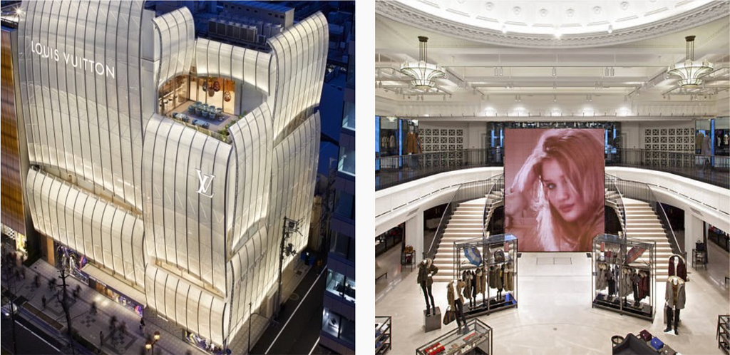 Left: Louis Vuitton flagship in Osaka, Japan; Right: Burberry’s London flagship store