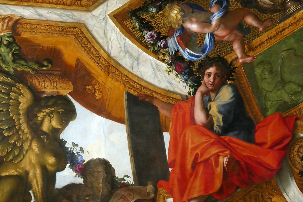 The muse Polyhymnia painted by Charles Le Brun at the Château de Vaux-le-Vicomte.