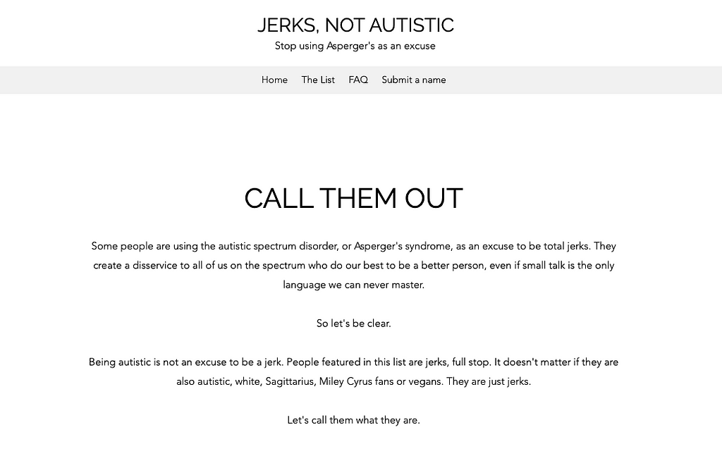 screenshot of Jerks, not autistic website