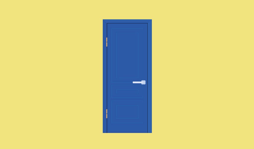 A traditional blue door against a yellow background