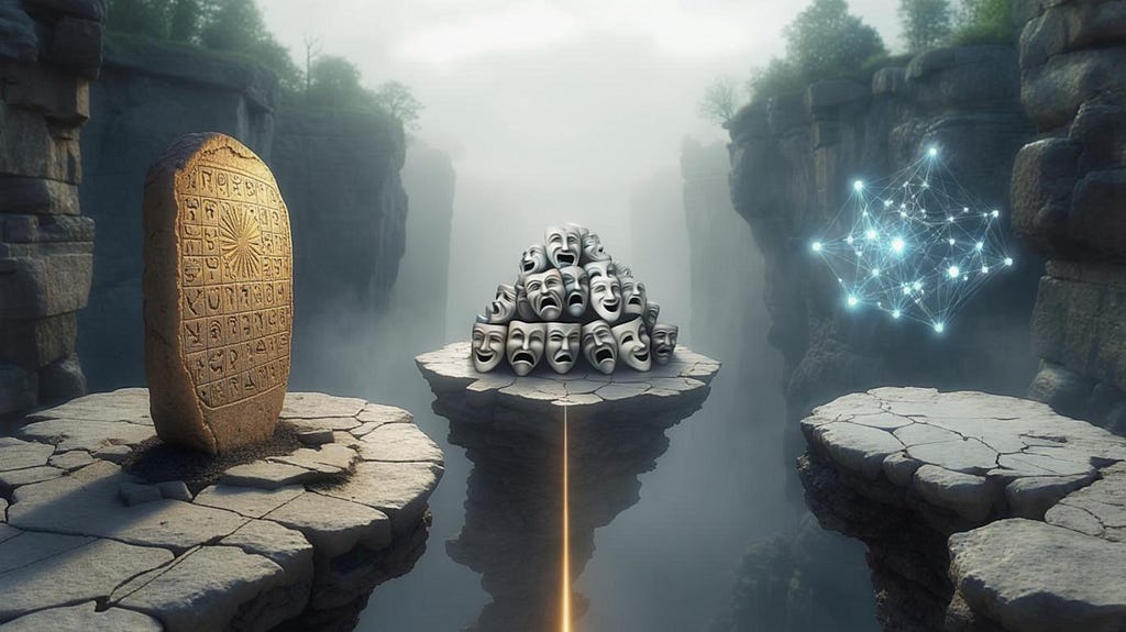 Three stone pillars stands in the middle of a misty chasm. The left contains an ancient stele with writing. The middle one contains a pile of thester masks. The right most one contains etherial blue floating lights connected by lines.