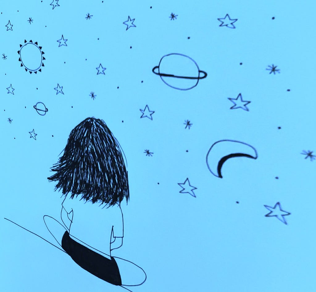 In this image, the author has doodled a girl sitting and pondering over the mysteries of nature. The backdrop is provided by the sun, the moon, the stars, and the infinite sky.