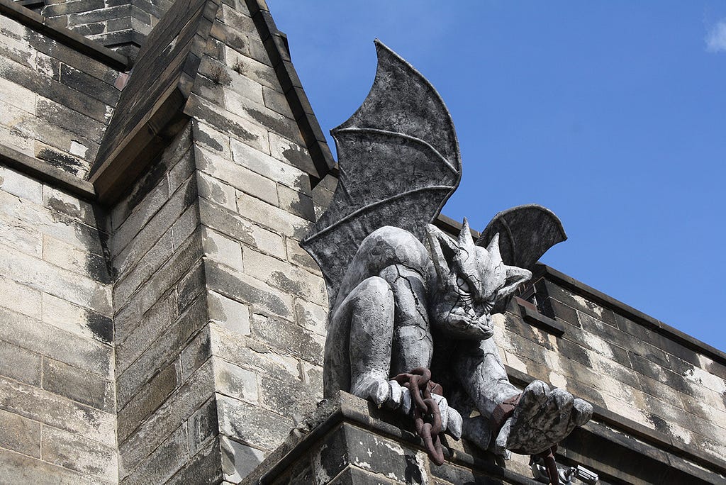 A gargoyle guards Eastern State Penitentiary