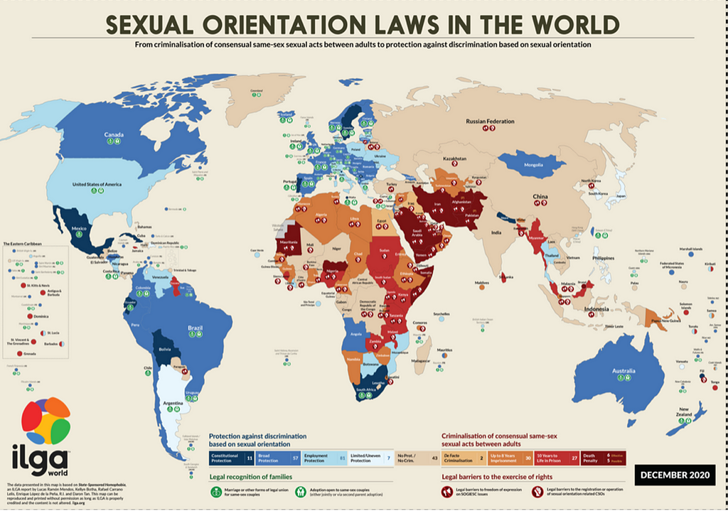 Map of sexual orientation laws in the world with color key rating from those that have legal protections based on sexual orientation (in blue) to those that criminalize people based on sexual orientation (in red.)