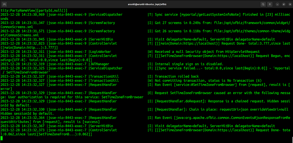 successful start of Apache OFBiz