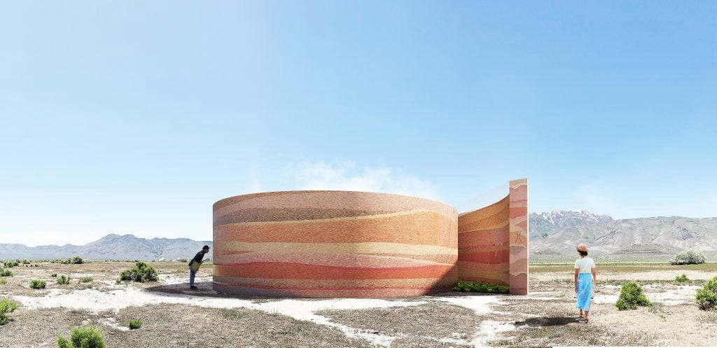 Rendering of the proposal submitted to the LAGI 2020 Fly Ranch design challenge shows a woman on the right walking towards a spiral-shaped rammed earth wall as a man on the left peeks through a viewport to see the protected orchard inside.