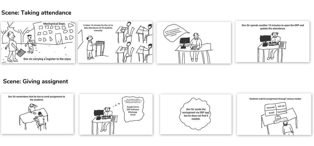 Storyboard: Scene 1 — Teacher taking attendance, Scene 2: Giving assignment