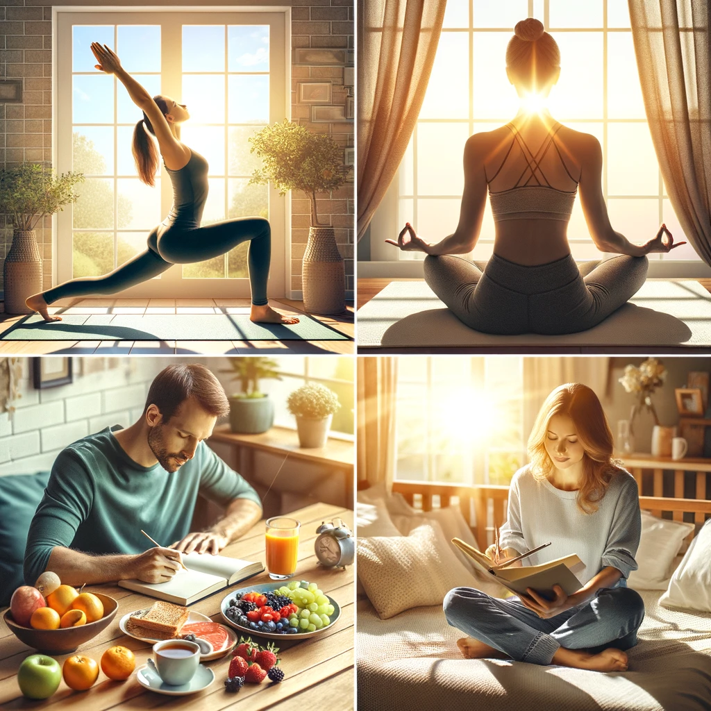 A serene morning scene depicting four individuals engaged in different activities: one practicing yoga in a sunlit room, another enjoying a healthy breakfast, a third writing in a journal, and a fourth meditating quietly. The setting conveys a peaceful start to the day, emphasizing various aspects of productive and wellness-oriented morning routines.