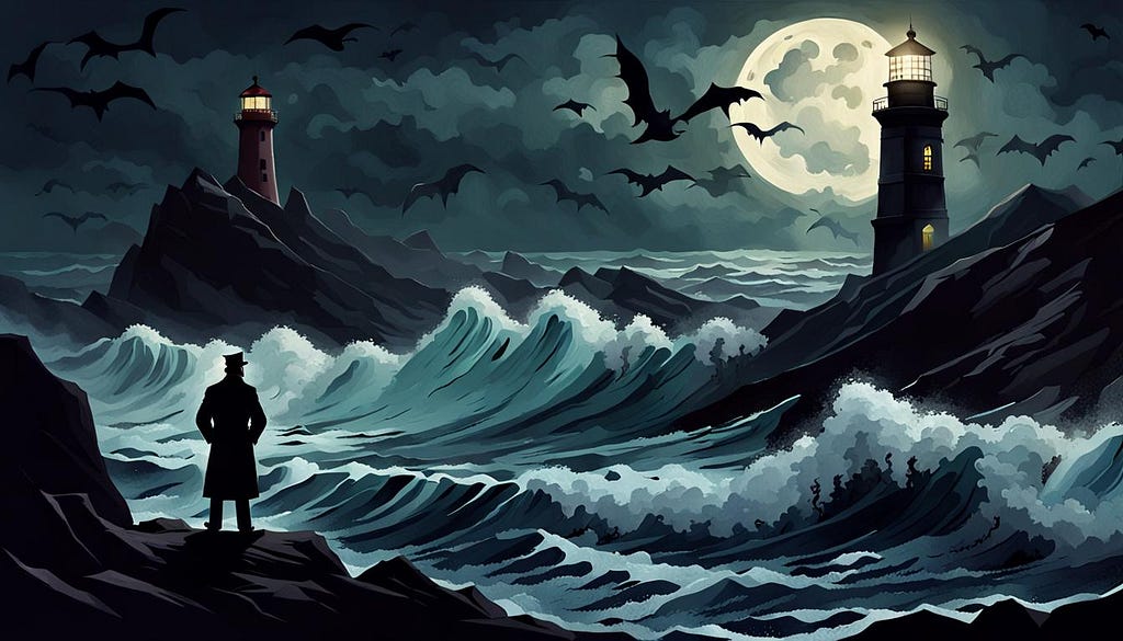 Figure on moonlight rocks, looking a lighthouses at sea.