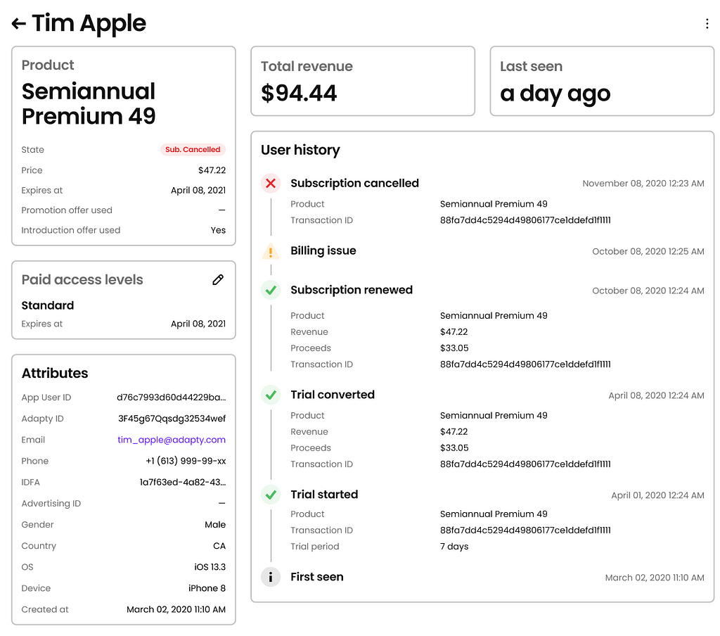 Adapty Customer Profile Page