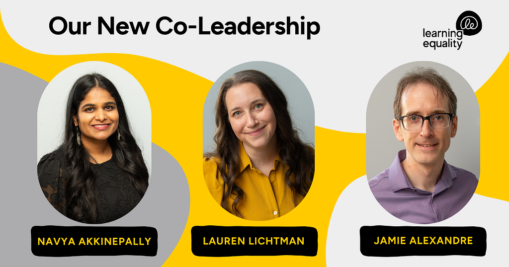 A grey, yellow and white illustration with headshots of three people, Navya Akkinepally, Lauren Lichtman, and Jamie Alexandre.