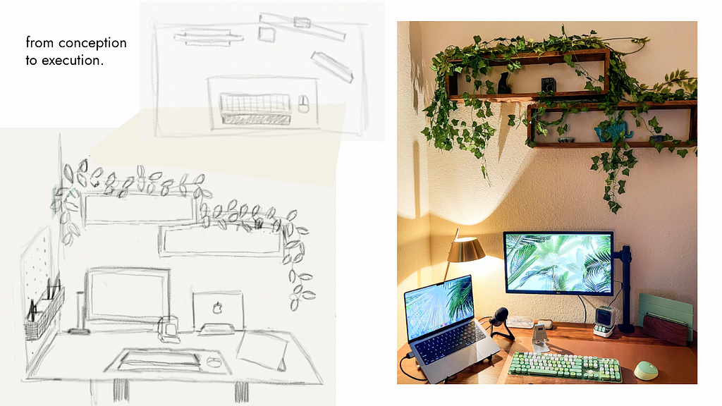 On the left side, an image of a sketch of a desk layout. On the right, the image of the layout in real life.