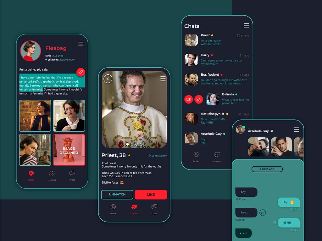 4 mobile dating app screens with images from Fleabag TV show