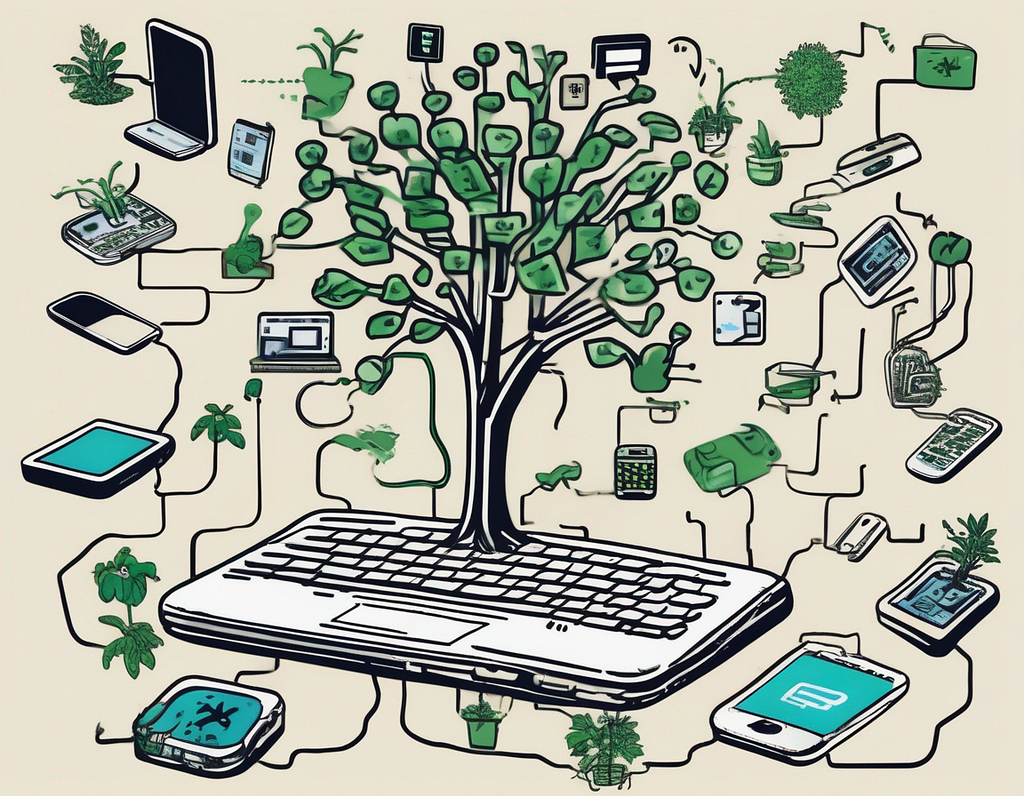 A plant or tree growing from a collection of digital devices and coding symbols, depicting the nurturing and sustainable aspects of EdTech