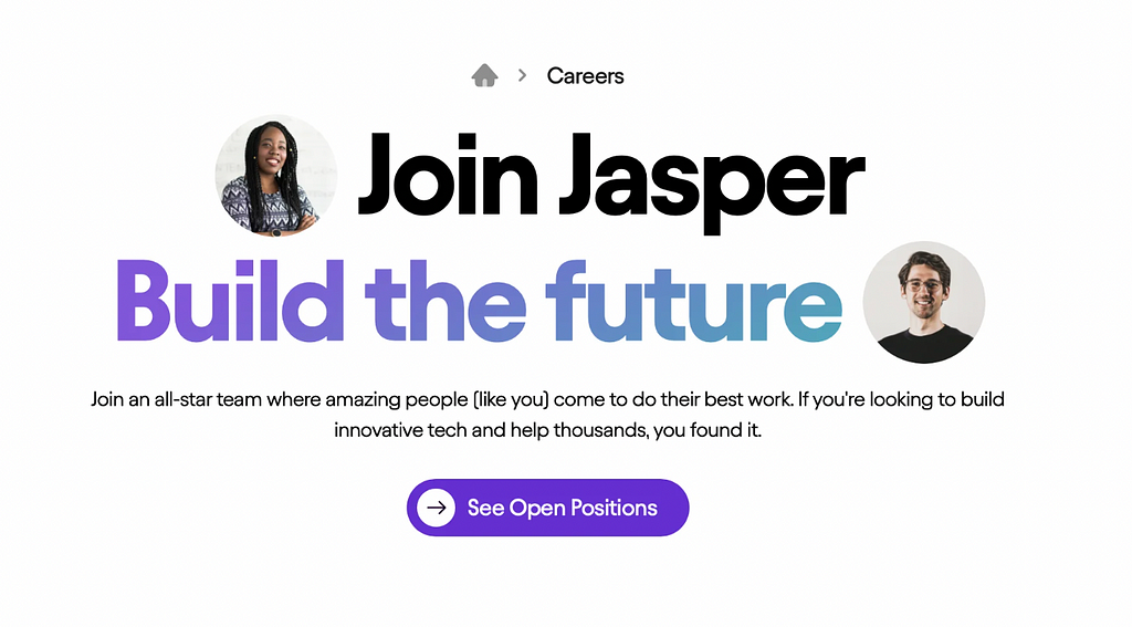A screenshot from the ‘Jasper AI’ website, the Careers subpage, which uses a purple palette and gradients.