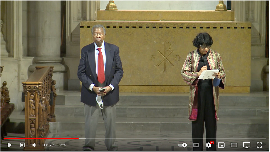Rev. Geraldine Howard and Clarence Anderson reading threat to silence and excommunicate members of The Riverside Church during Sunday Worship Service on May 29, 2022.