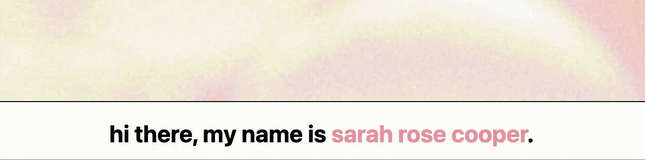 A gif of the words slowly entering the screen word by word, “hi there, my name is sarah rose cooper” with the sarah, rose, and cooper being pink, with a white background, black border, and blurred rose background