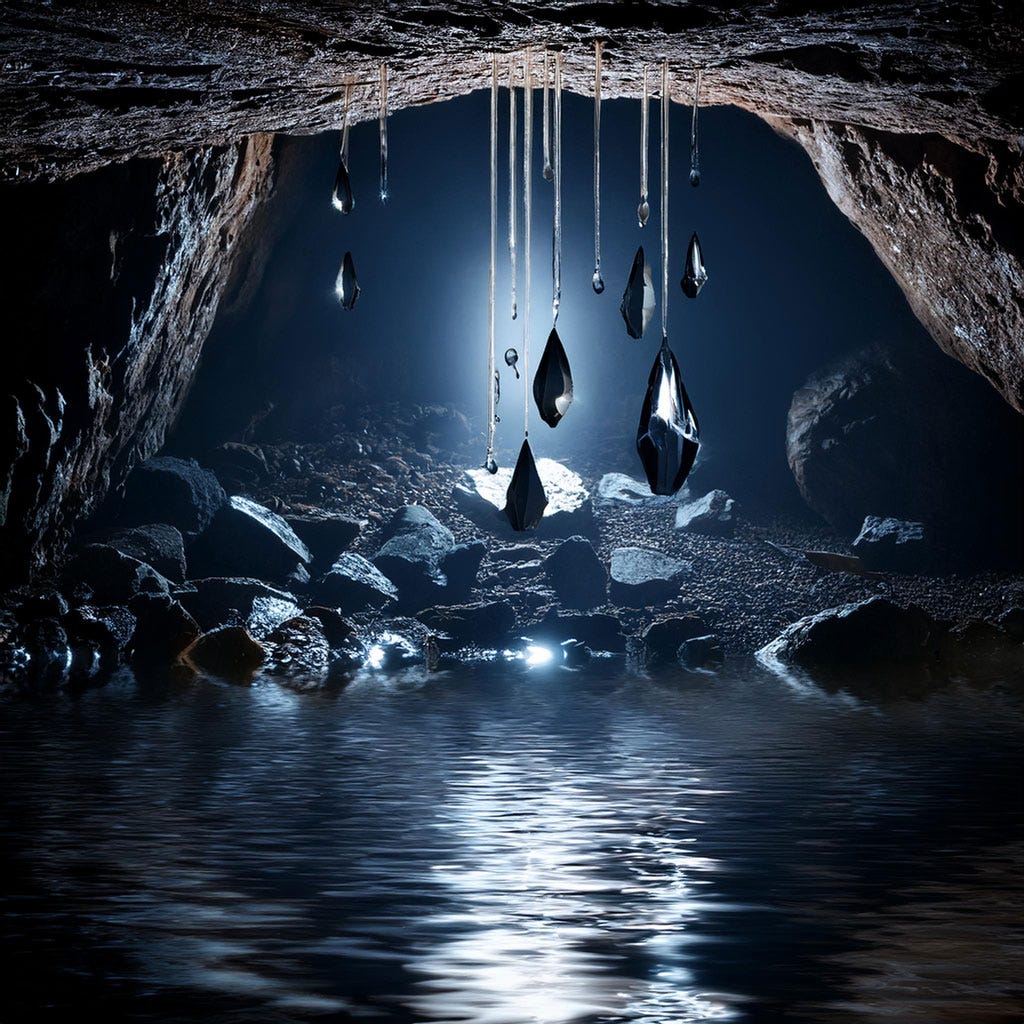 Black tear shaped crystals falling in a cave filled with water.