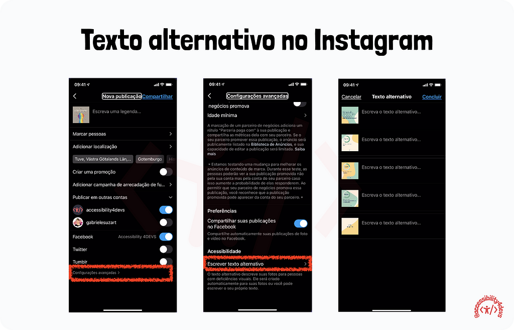 Texto alternativo no Instagram. Arte com 3 capturas de tela do instagram, com destaque nos botões de configurações avançadas escrever texto alternativo. Além dos campos para inserir o texto.