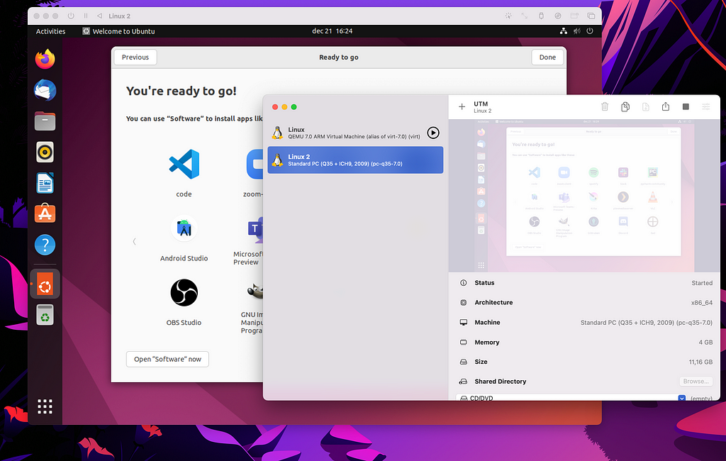 UTM running Ubuntu 22.04.1 desktop