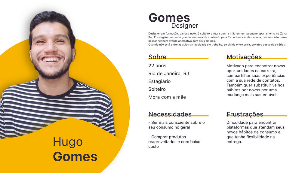 Persona Hugo Gomes, e seus dados etnográficos, necessidades e frustrações.