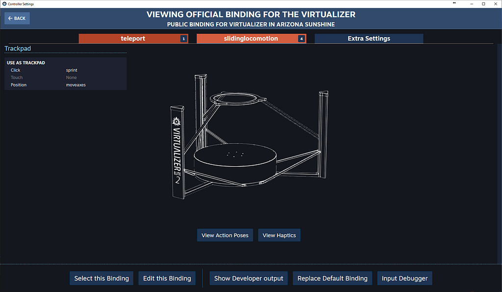 Viewing the official bindings for the Virtualizer in SteamVR for the game Arizona Sunshine