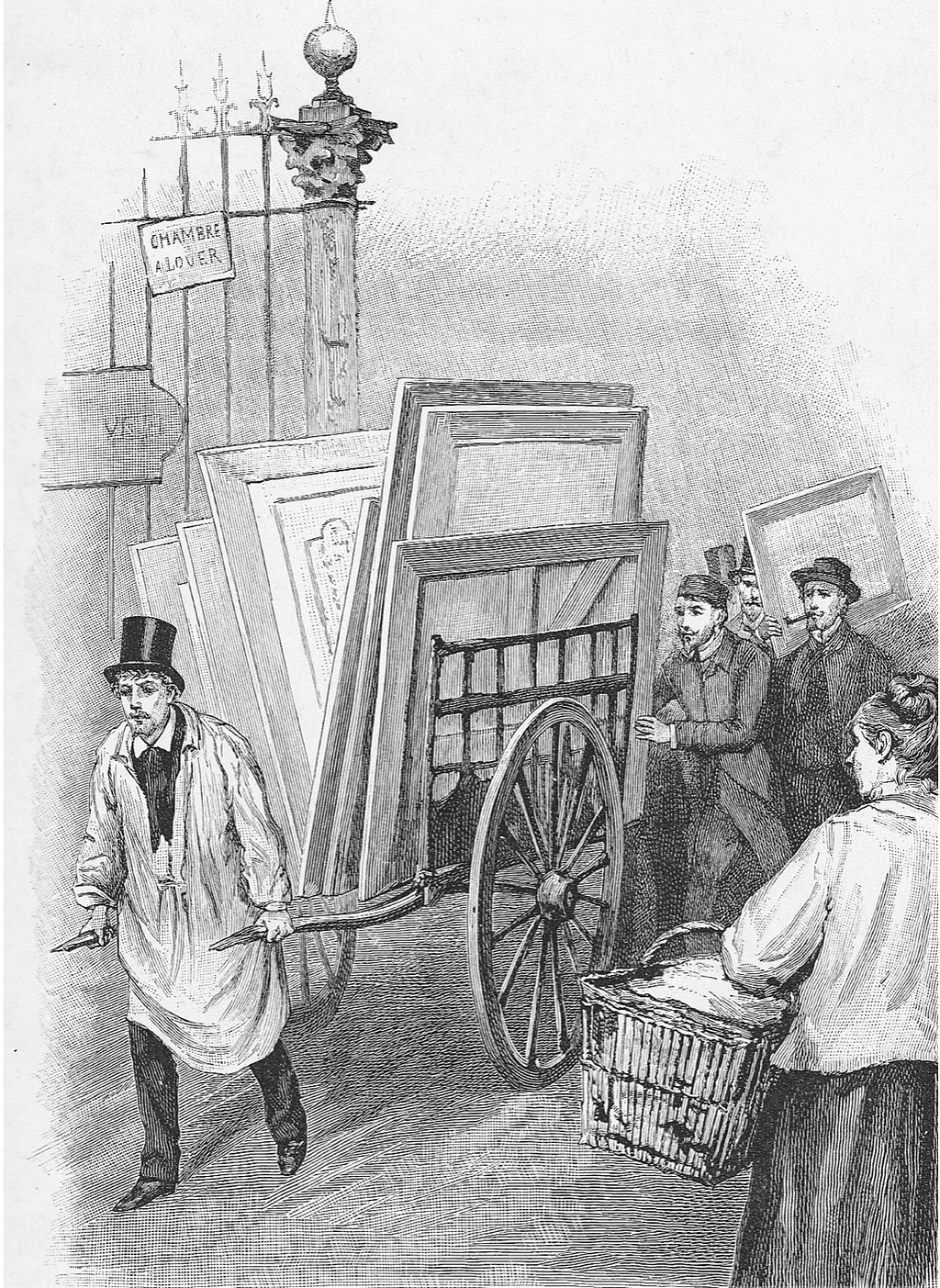 Engraving of cart being pulled, piled up with architectural drawings