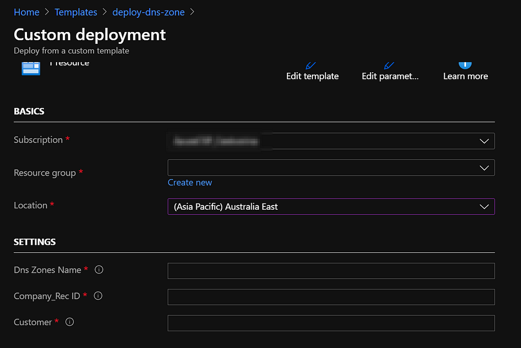 A screenshot of the Azure Template deployment screen. Showing the Azure Portal and how the ARM Template is used.