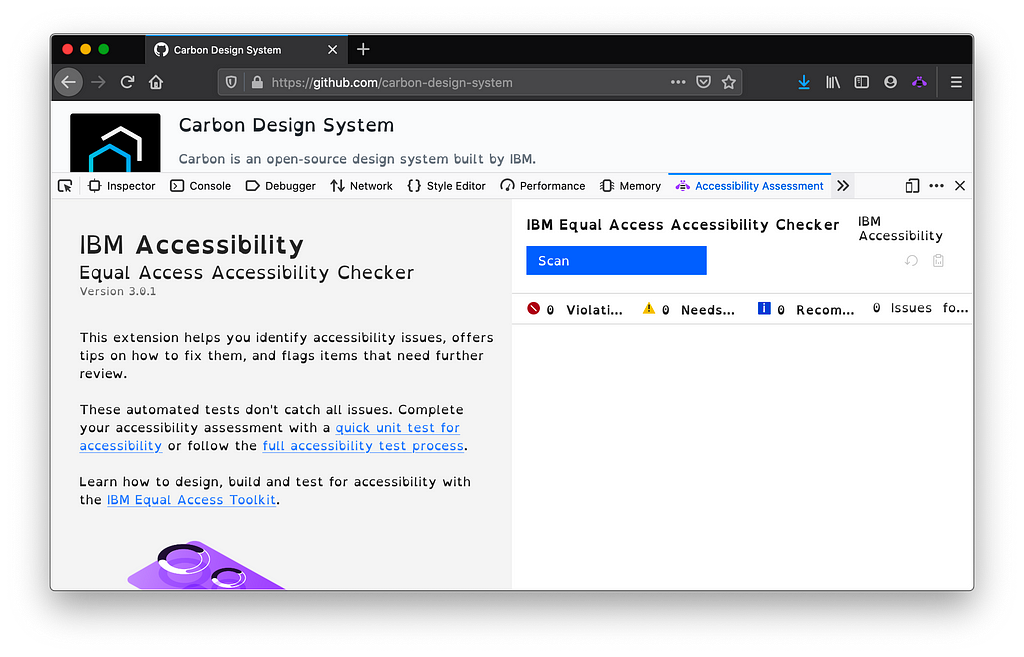 A screenshot of the Accessibility Assessment tab under Firefox on MacOS.