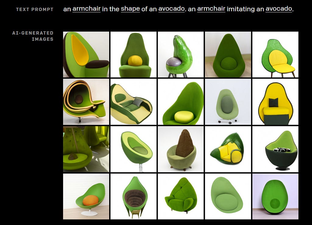 Examples of an avocado-shaped chair offered by GPT-3 image generation