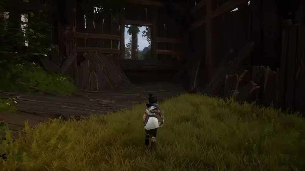Third-person view of a character running inside a wooden structure with no HUD elements visible.