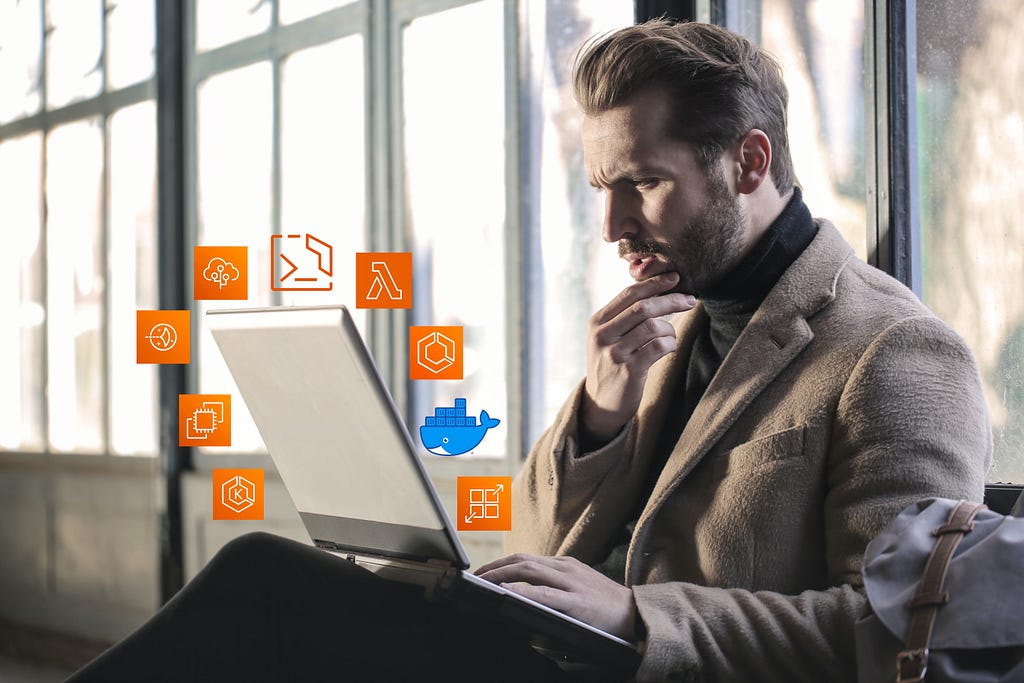 A puzzled-looking man stares at a laptop surrounded by AWS service icons