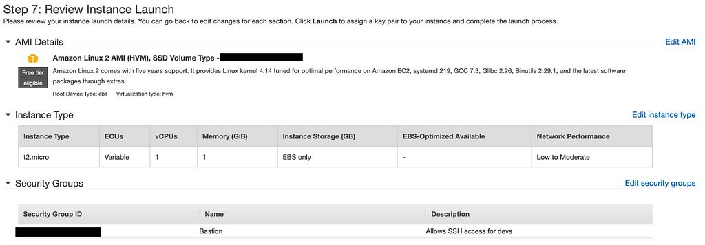 an example image of the ‘review and launch’ stage of the EC2 instance setup. Our bastion security group is added.