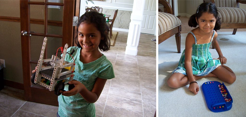 A young Sophia holds something she built in one photo, and in the other, plays a game of strategy