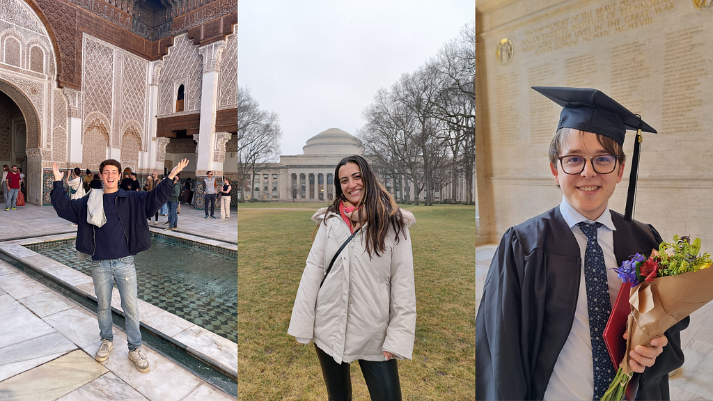 3 photos: an image of a student with his arms open standing inside a building in Morocco, an image of a student standing outside of the MIT Great Dome, and an image of a student in his cap and gown smiling and holding a bouquet of flowers