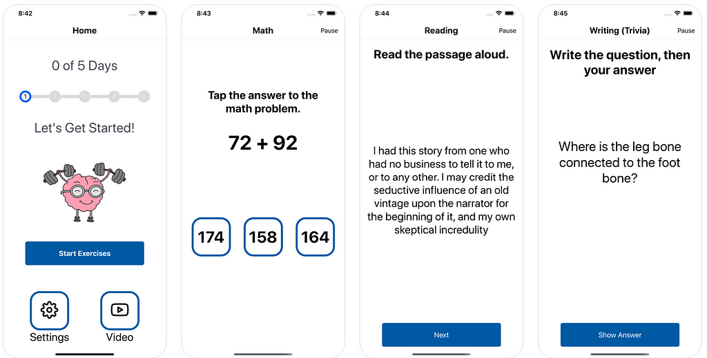 Screenshots of the official Brain Exercise Initiative app showing the app menu and sample math, reading, and writing prompts.