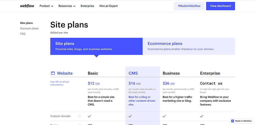 Webflow site plans